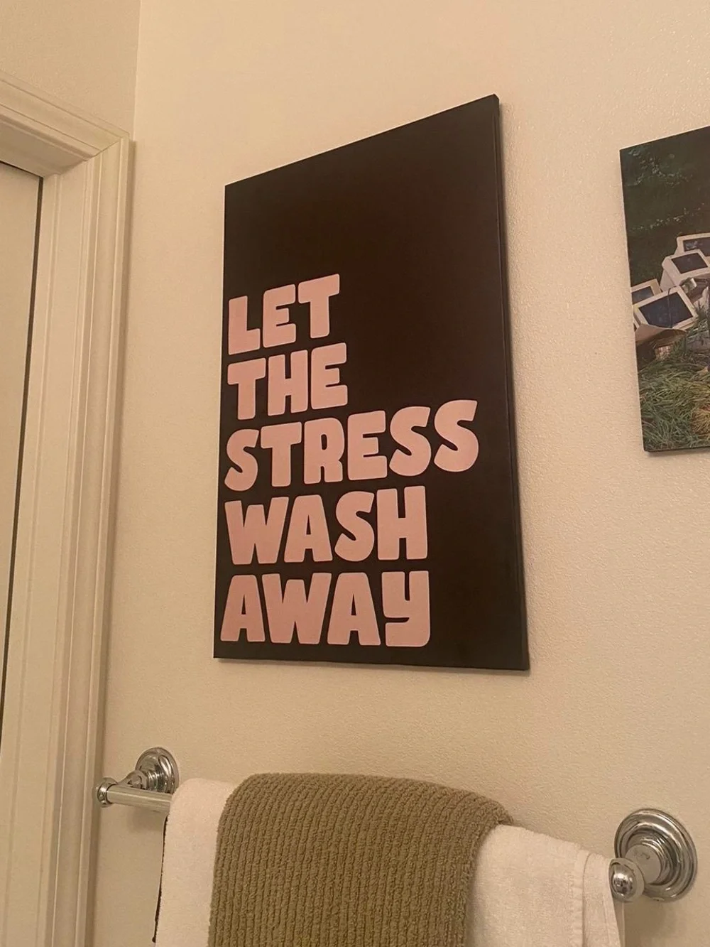 Bath Wall Art Sign - Let The Stress Wash Away (Black & Light Pink)